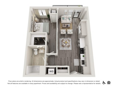Floor plan for 1 bed, 1 bath, 680 sqft